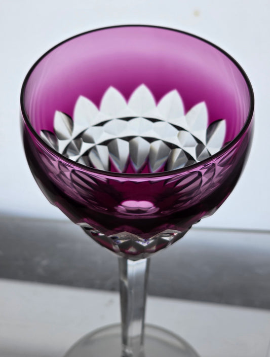 SIGNED Val st Lambert Amethyst Hand Cut to clear wine glass