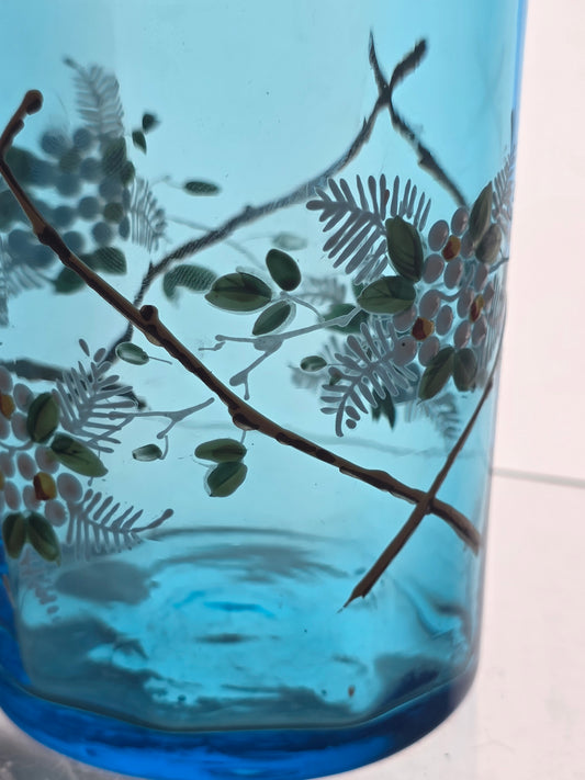 French Glass blue vase enamel painted c.1910