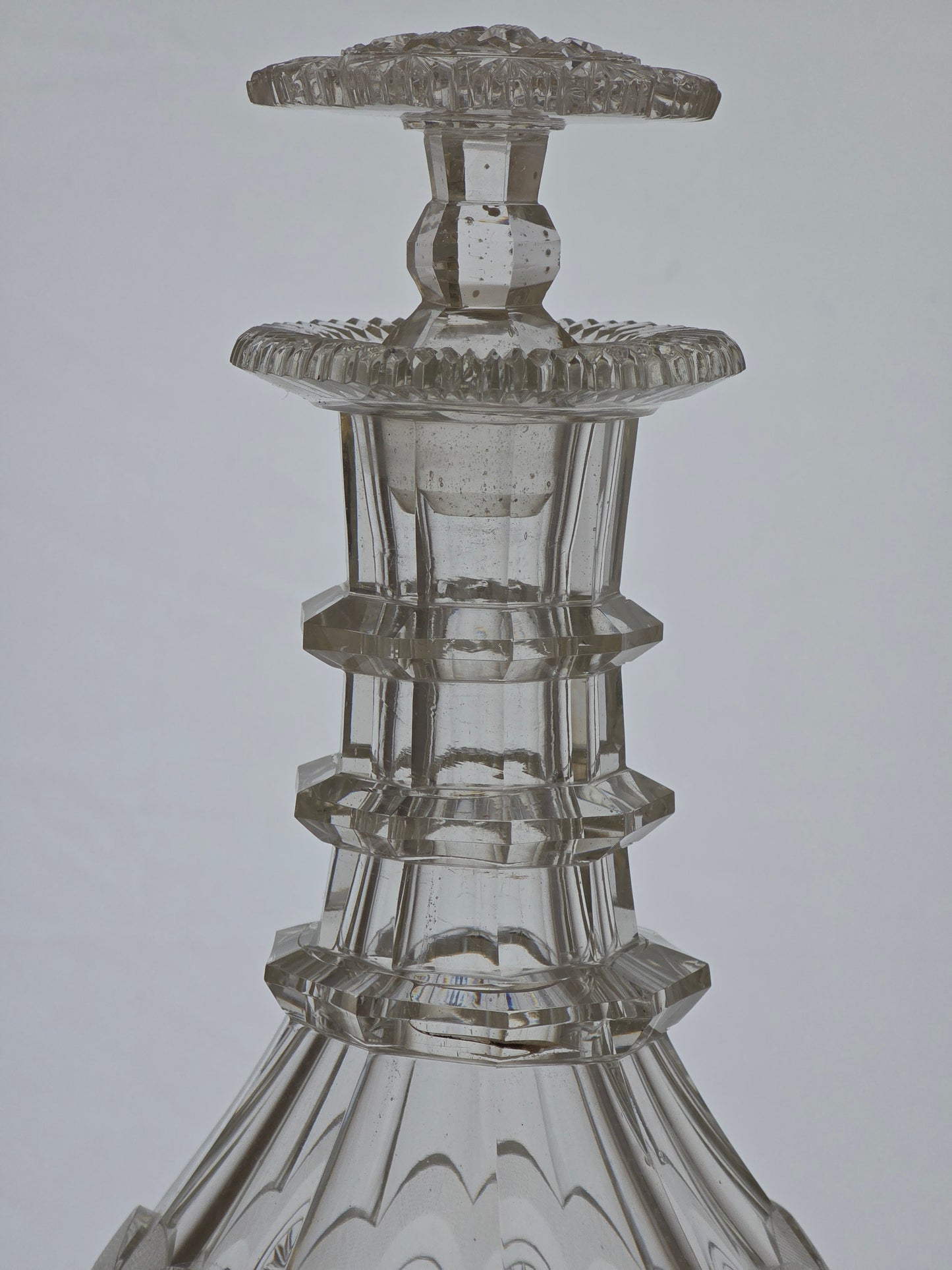 Regency Hand Cut glass faceted 3 ring neck decanter swirl cut with mushroom stopper