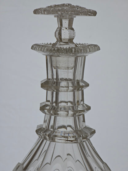 Regency Hand Cut glass faceted 3 ring neck decanter swirl cut with mushroom stopper