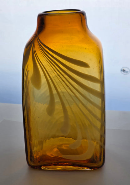 Amber Art glass white swirl square