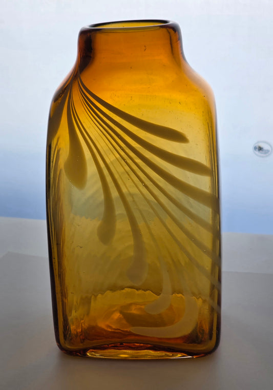 Amber Art glass white swirl square