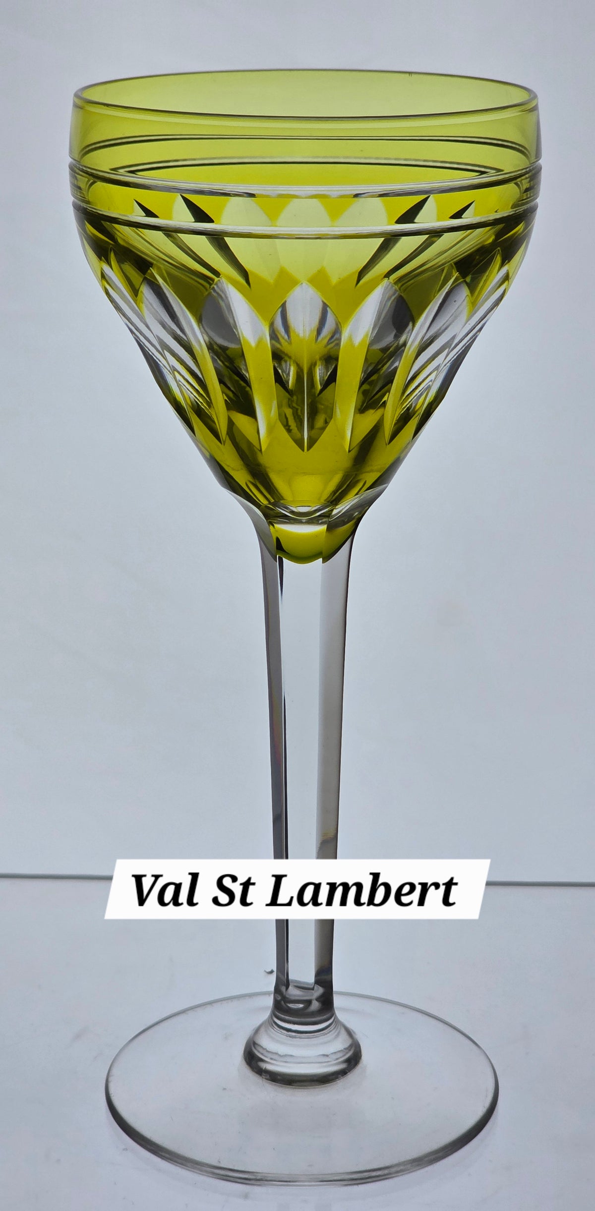 Val st Lambert lime green Hand Cut to clear wine glass