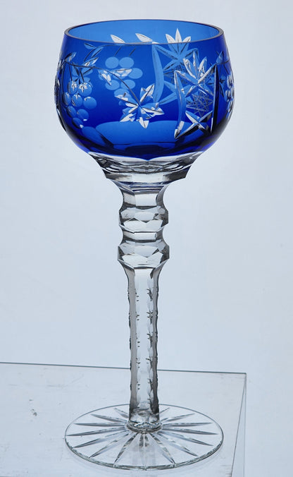 Cut to clear Cobalt glass tall wine hock grapes