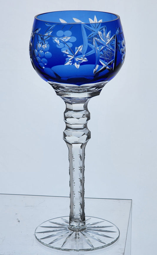 Cut to clear Cobalt glass tall wine hock grapes