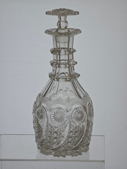 Regency Hand Cut glass faceted 3 ring neck decanter swirl cut with mushroom stopper