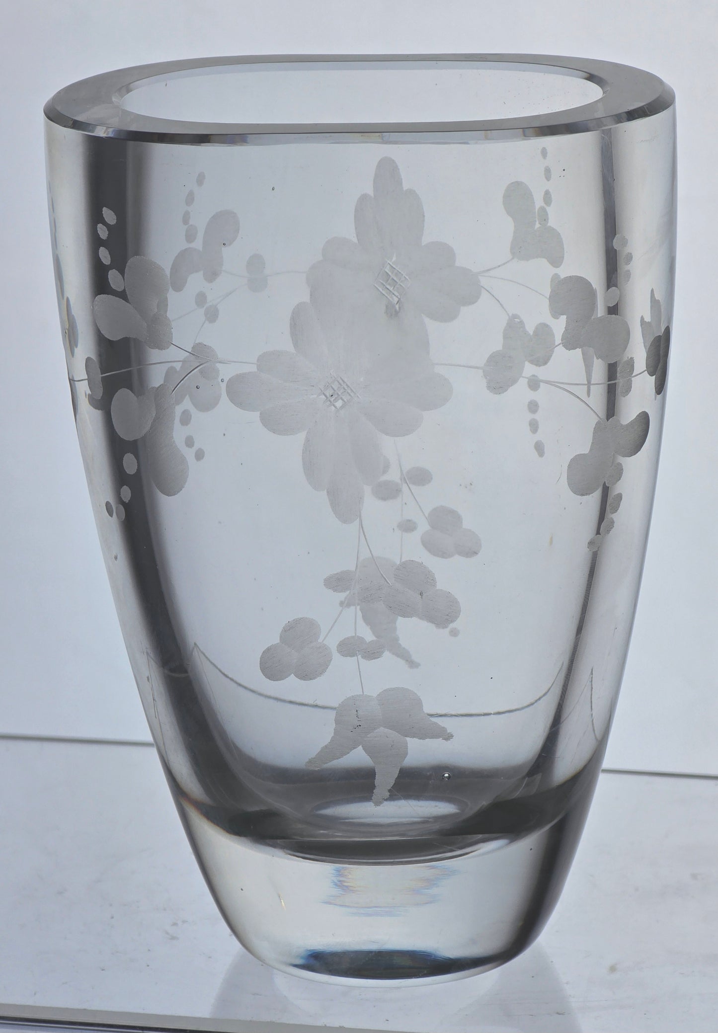 Copper wheel engraved glass oval vase