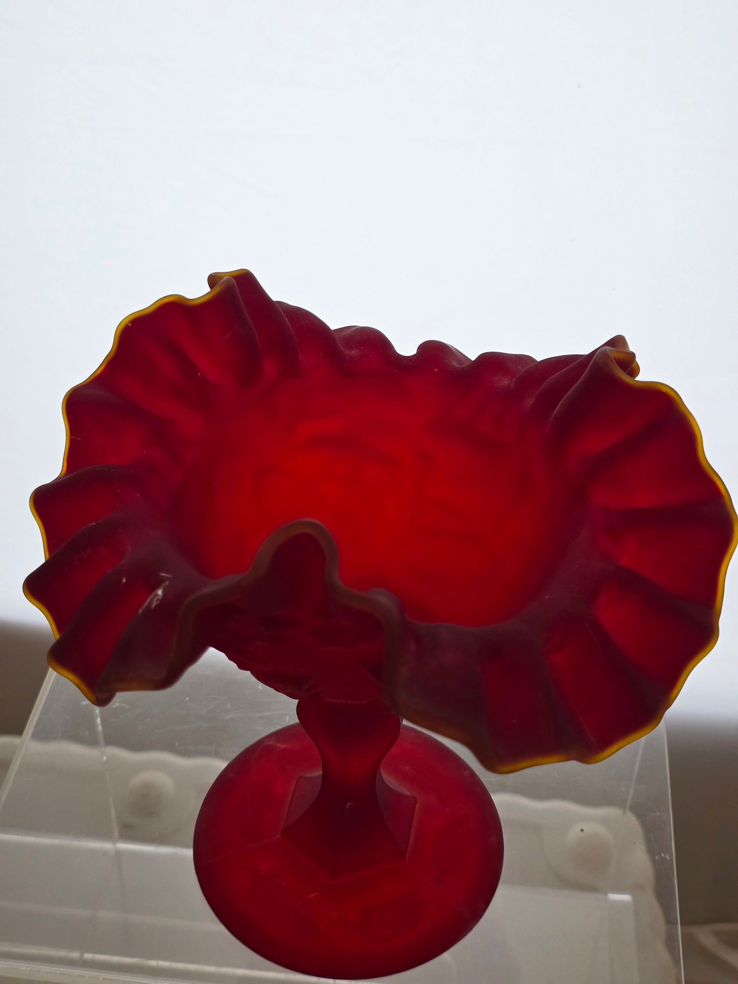 Red  frosted glass ruffled edge pedestal compote