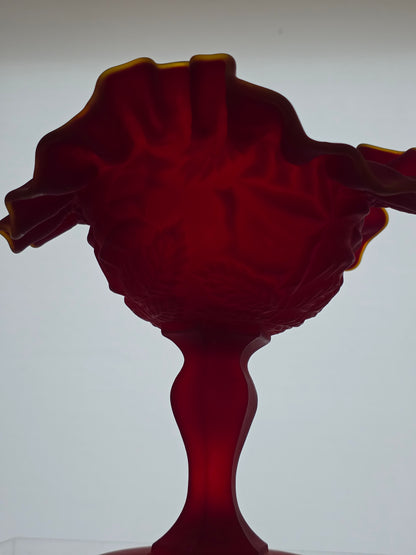 Red  frosted glass ruffled edge pedestal compote