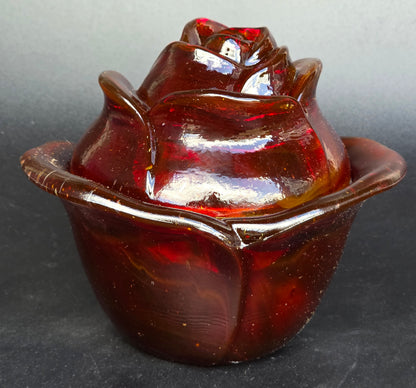 L.E Smith Glass red rose bowl with lid Glows