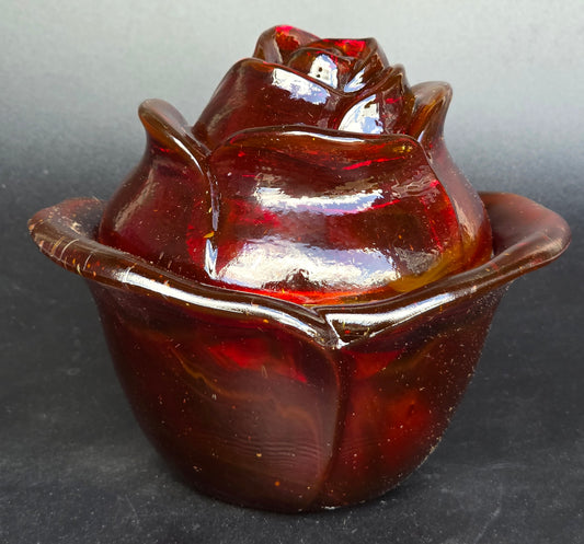 L.E Smith Glass red rose bowl with lid Glows