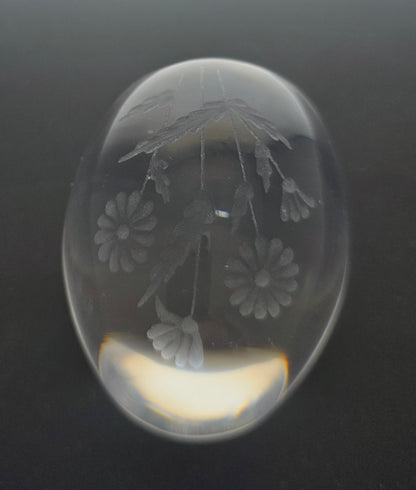 Glass egg paperweight with copper wheel engraved flowers