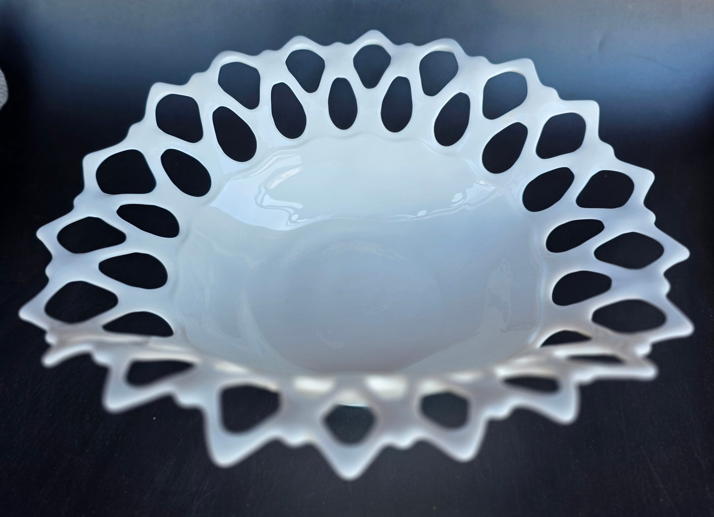 Westmoreland open lace doric edge milk Glass banana fruit bowl