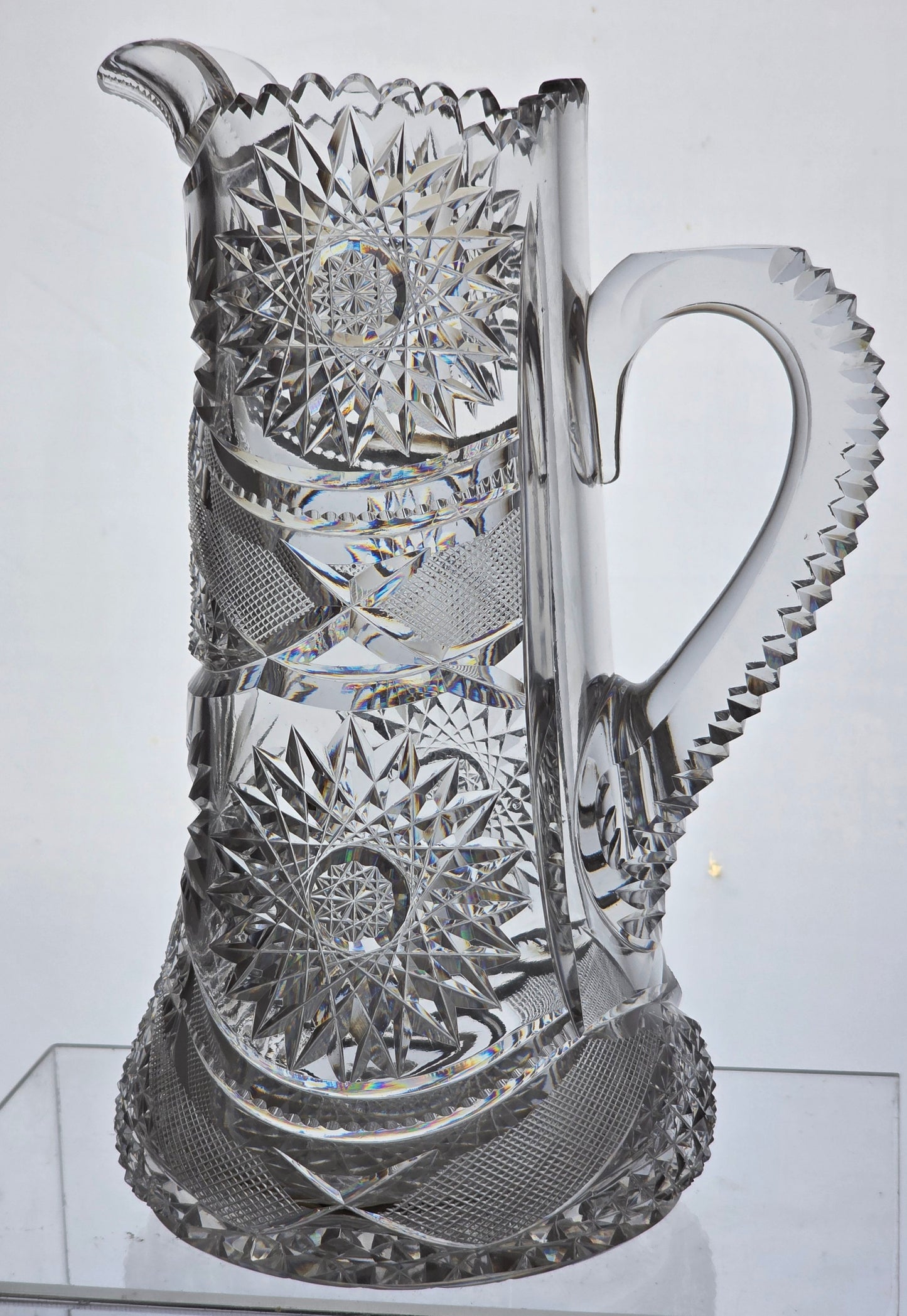 American Brilliant Period Cut Glass Pitcher Antique hobstar base