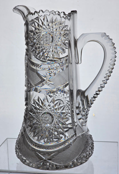 American Brilliant Period Cut Glass Pitcher Antique hobstar base