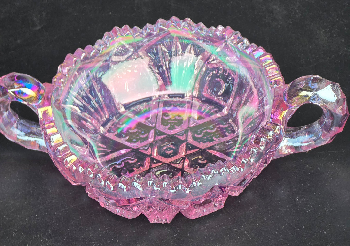 L.E. Smith pink Glass iridescent 2 handled dish