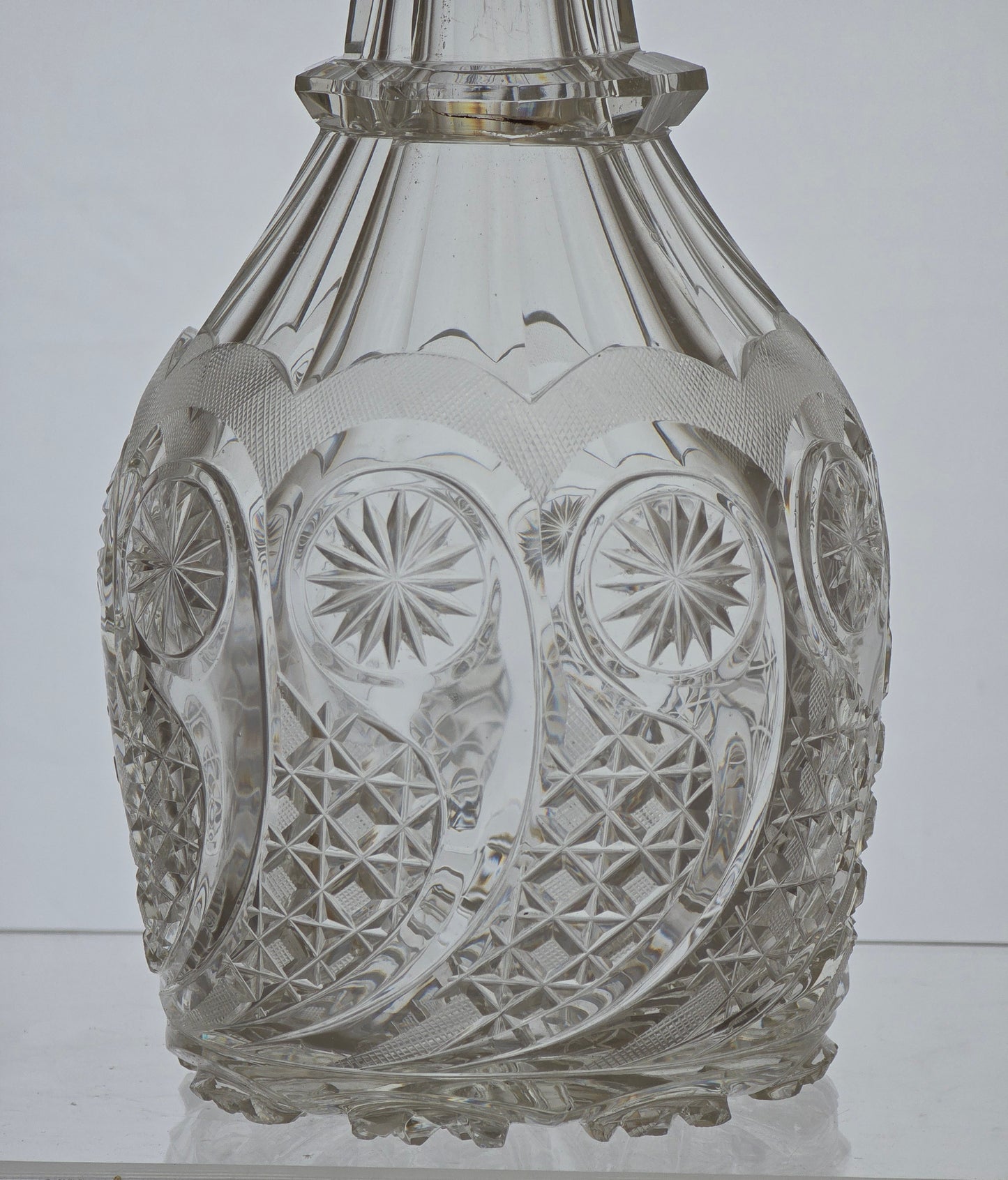 Regency Hand Cut glass faceted 3 ring neck decanter swirl cut with mushroom stopper