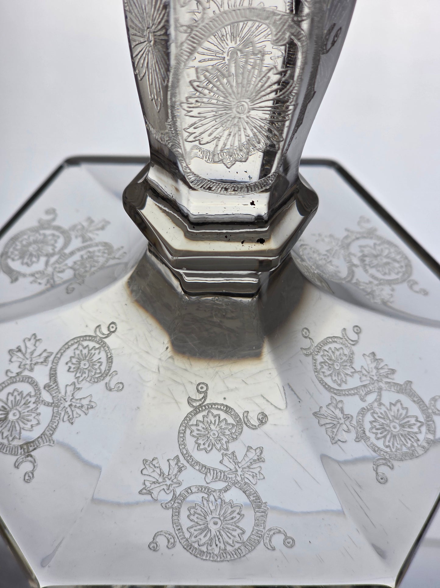 Pair etched glass candlesticks  US Glass Co pa20