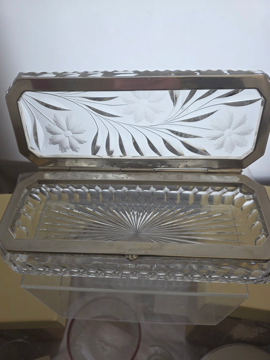 American Brilliant Period Cut Glass handkerchief box with  silver lid Antique abp