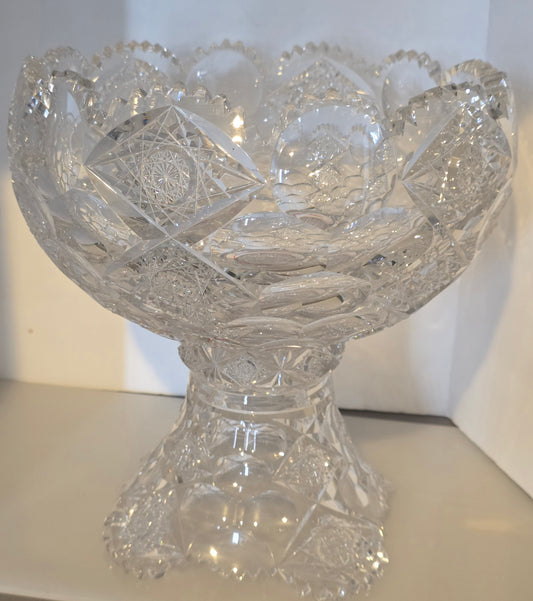 ABP cut glass blown blank Hawkes punch bowl American brilliant period Signed Hawkes Repaired