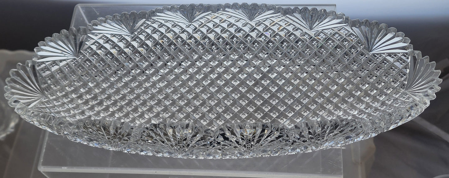 American Brilliant Period Cut Glass oval celery tray strawberry diamond fan