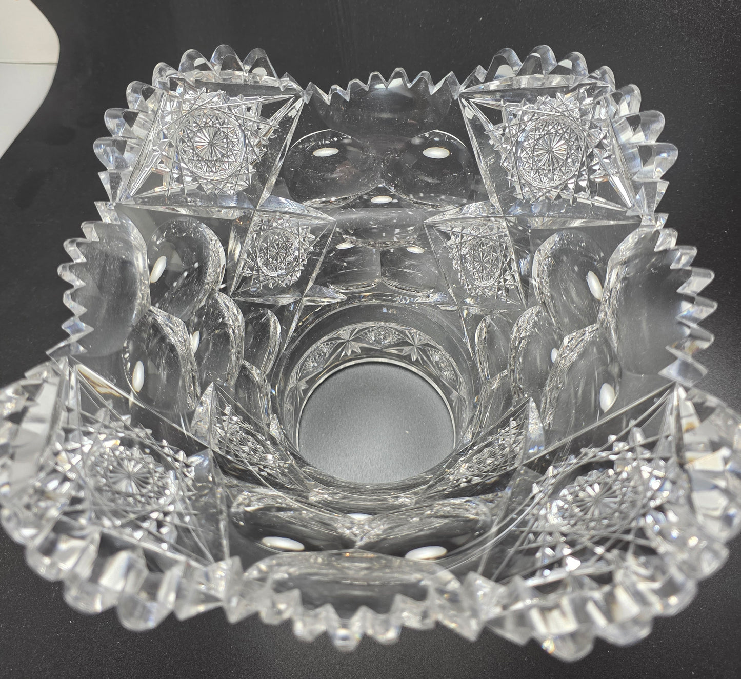 ABP cut glass blown blank Hawkes punch bowl American brilliant period Signed Hawkes Repaired