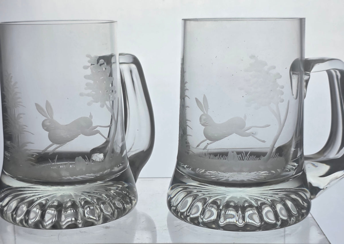 Pair Rabbit -copper wheel engraved  beer mugs