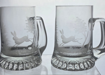 Pair Rabbit -copper wheel engraved  beer mugs