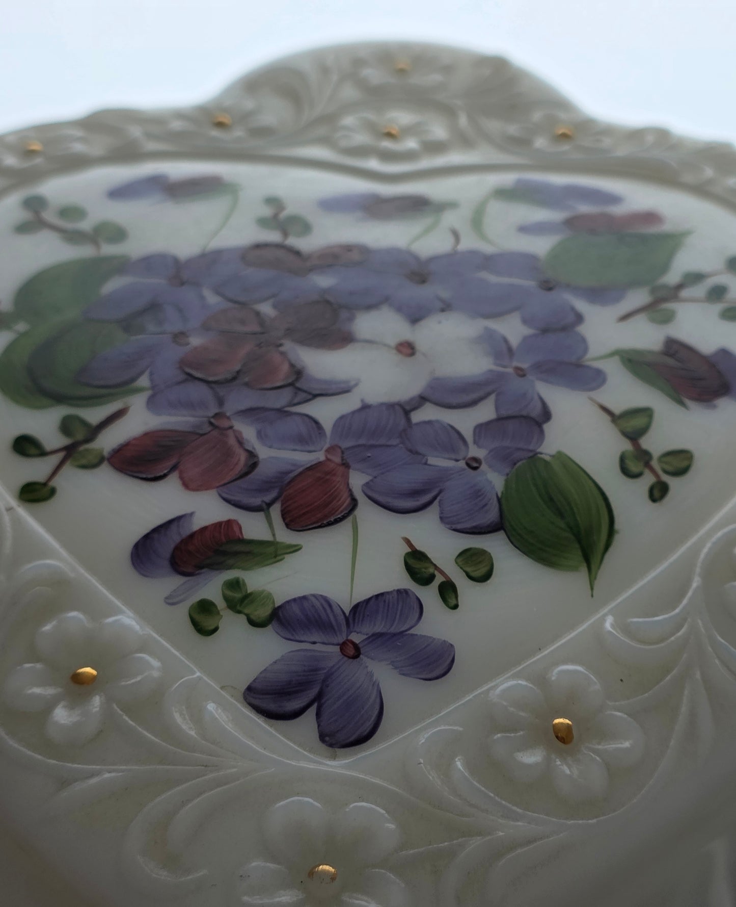 Fenton milk glass heart painted divided dish