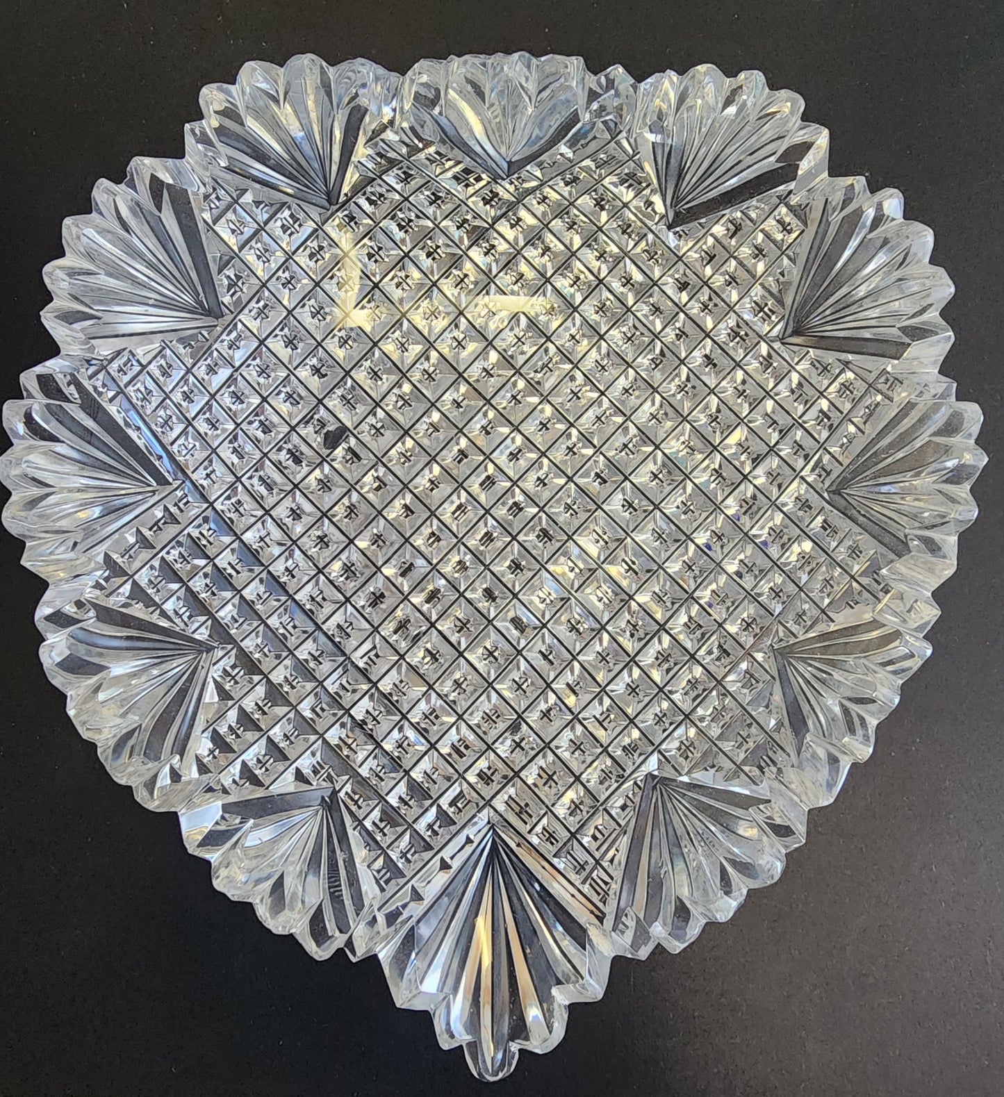 American Brilliant Period Hand Cut Glass odd shape strawberry diamond fan abp dish
