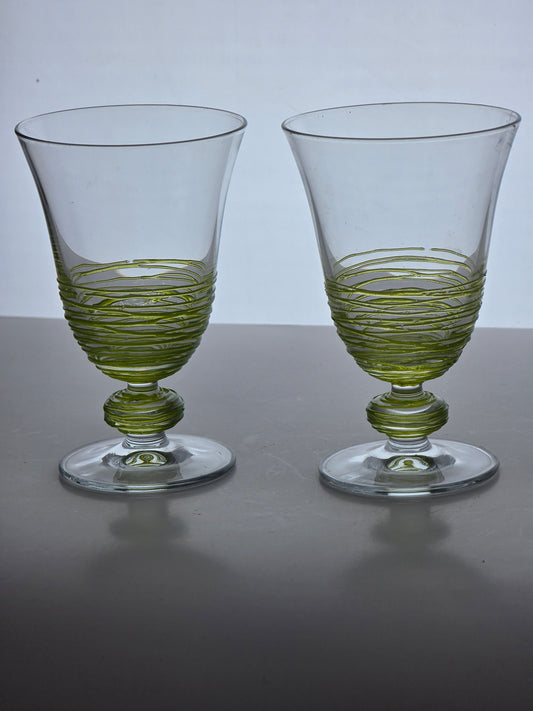 Pair Art glass green tread wine glasses
