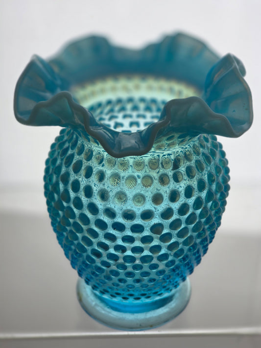 Fenton glass opalescent hobnail blue vase
