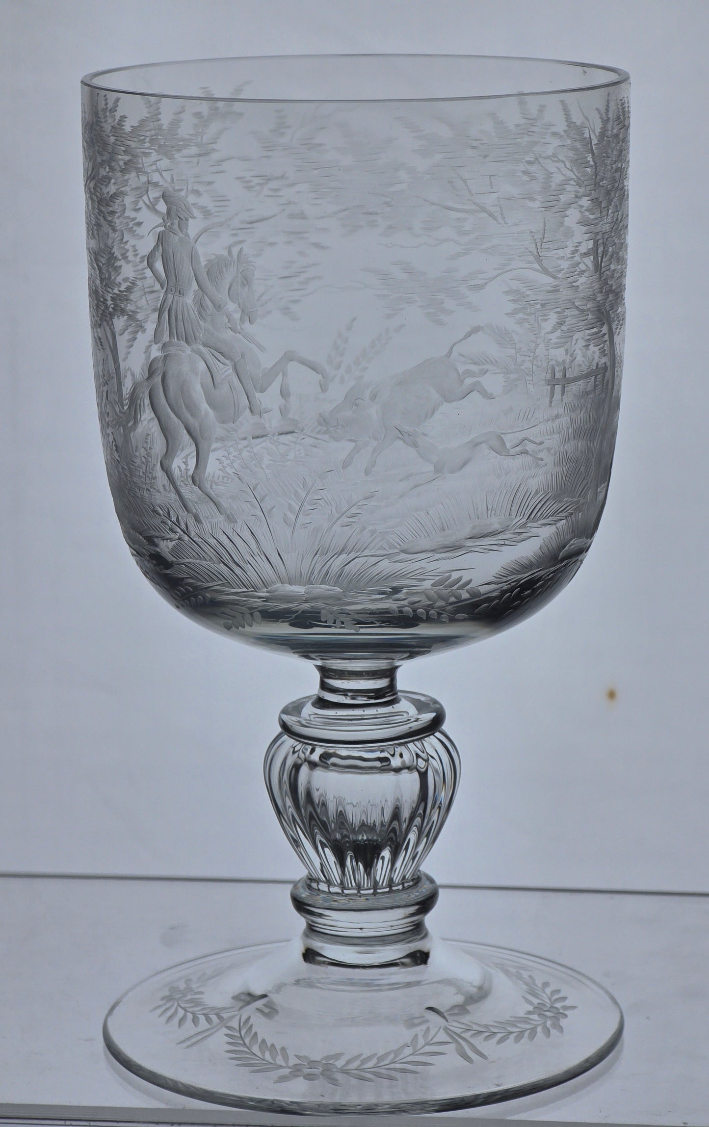 Copper wheel engraved Hunt scene glass chalice crystal