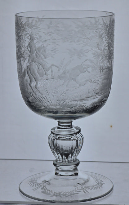 Copper wheel engraved Hunt scene glass chalice crystal