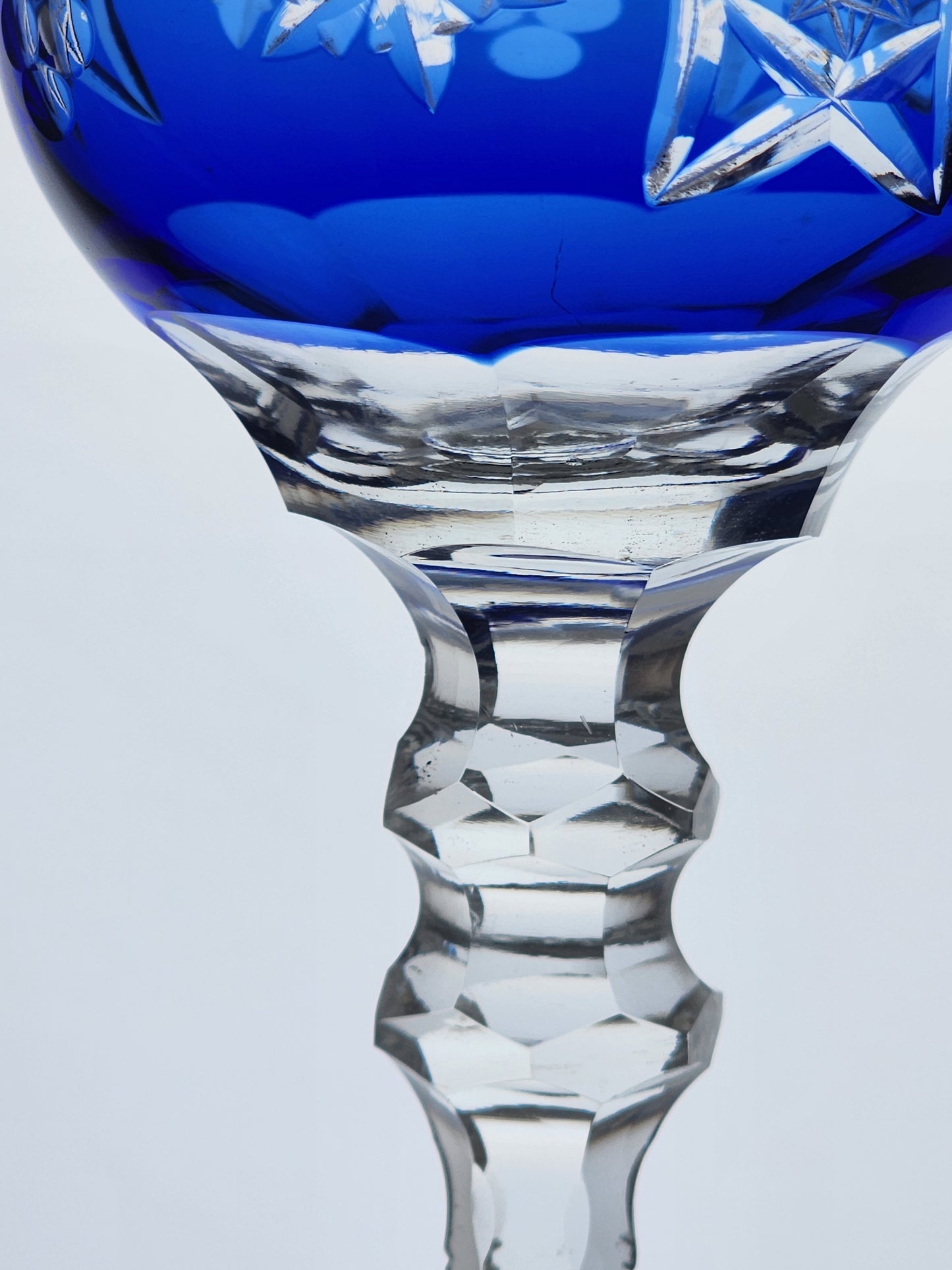 Cut to clear Cobalt glass tall wine hock grapes