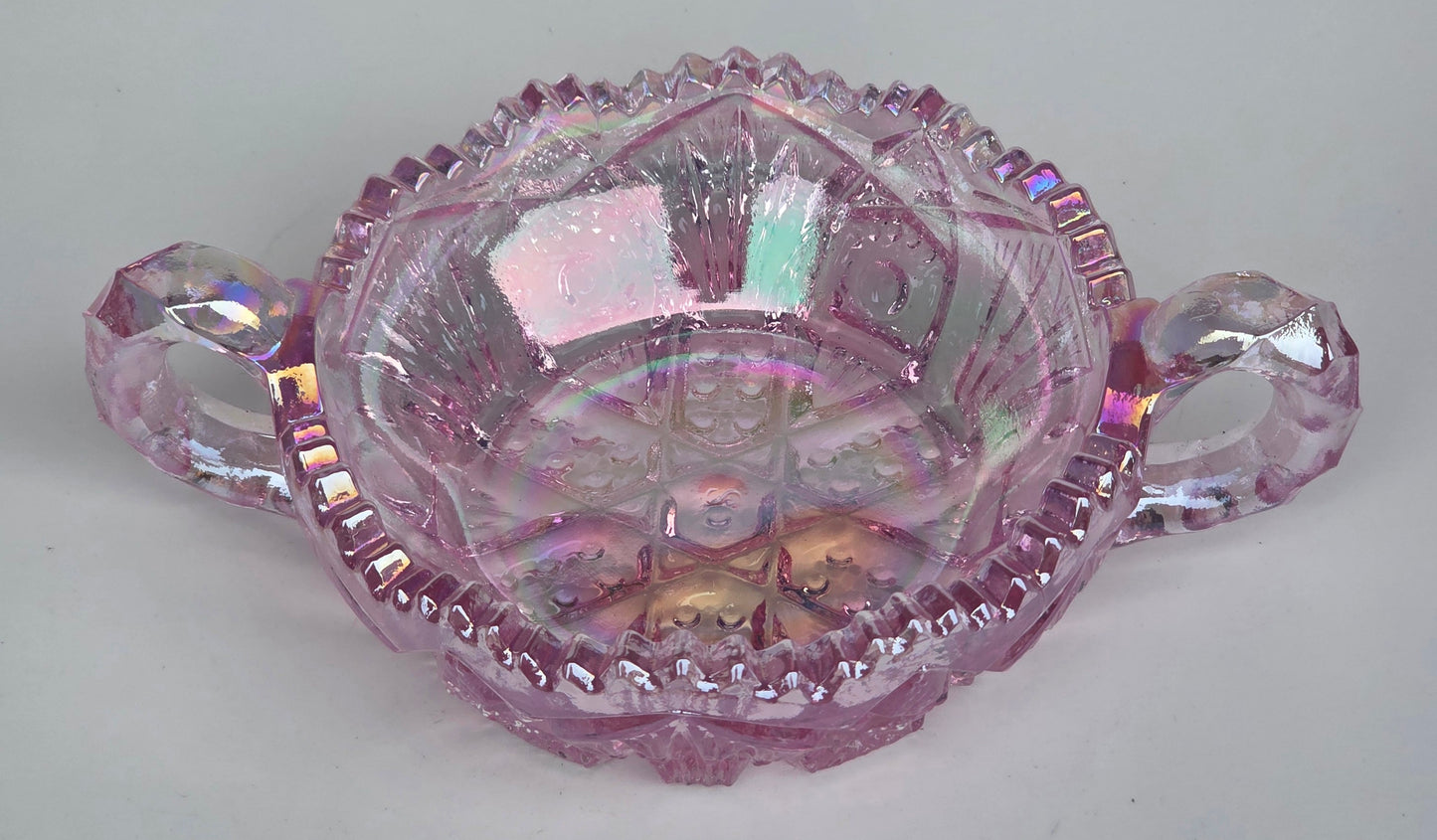 L.E. Smith pink Glass iridescent 2 handled dish