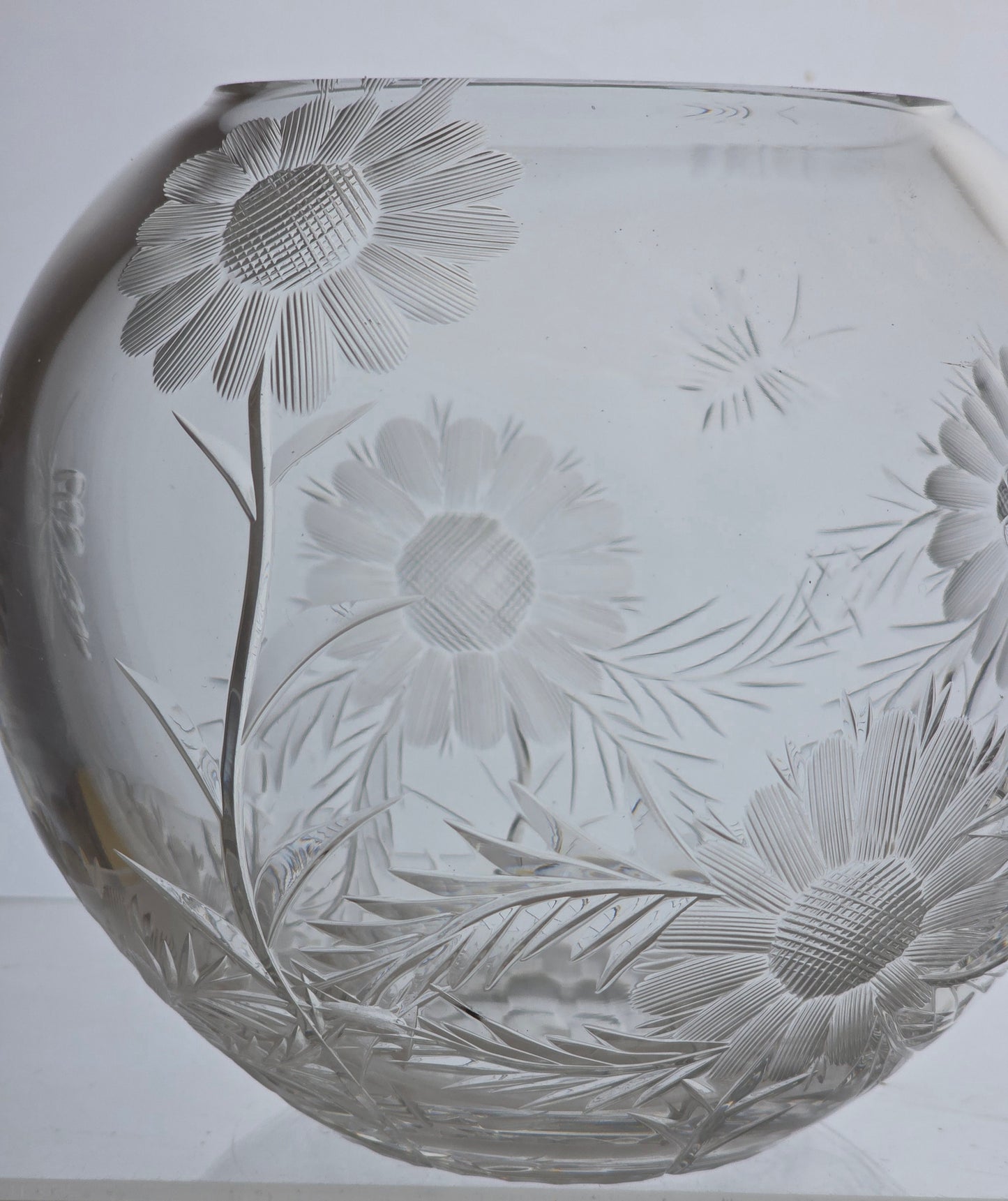 Hand cut glass rose bowl, Butterfly and floral
