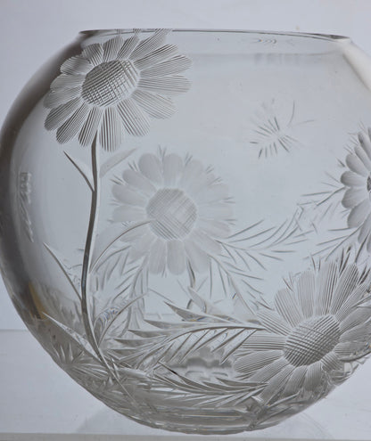 Hand cut glass rose bowl, Butterfly and floral
