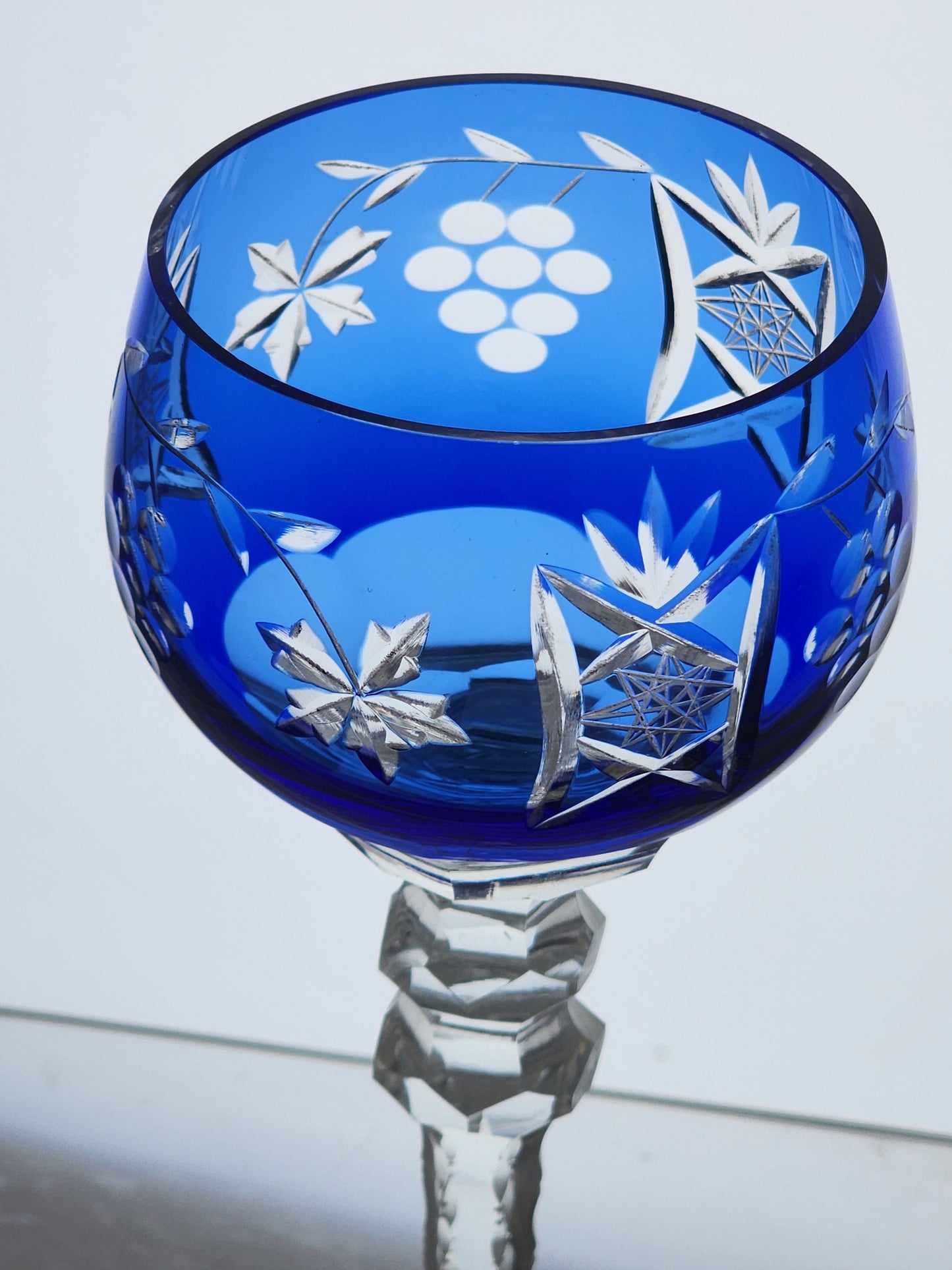 Cut to clear Cobalt glass tall wine hock grapes