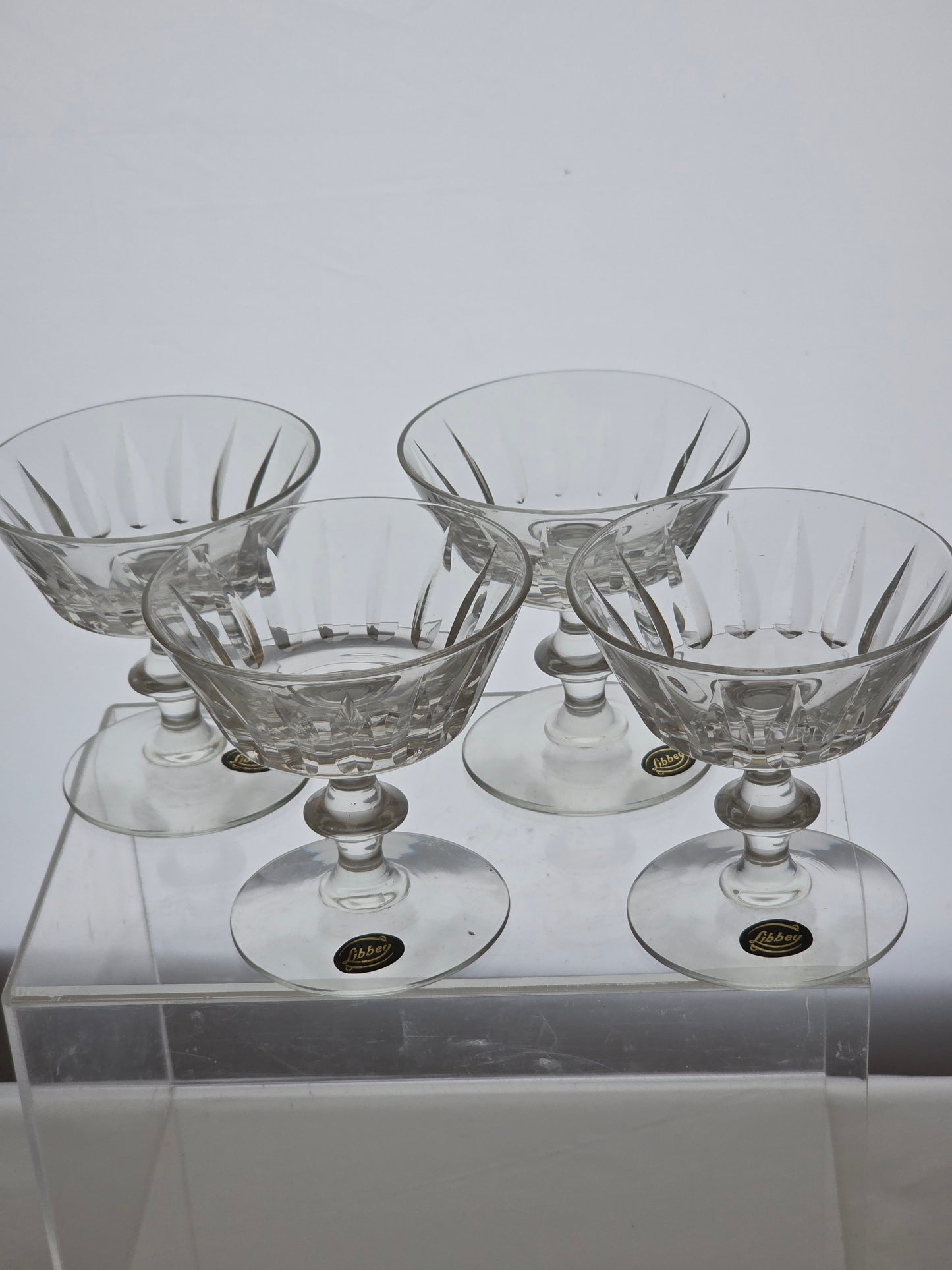 4 Libbey cut glass tall sherbert / champagne Raleigh