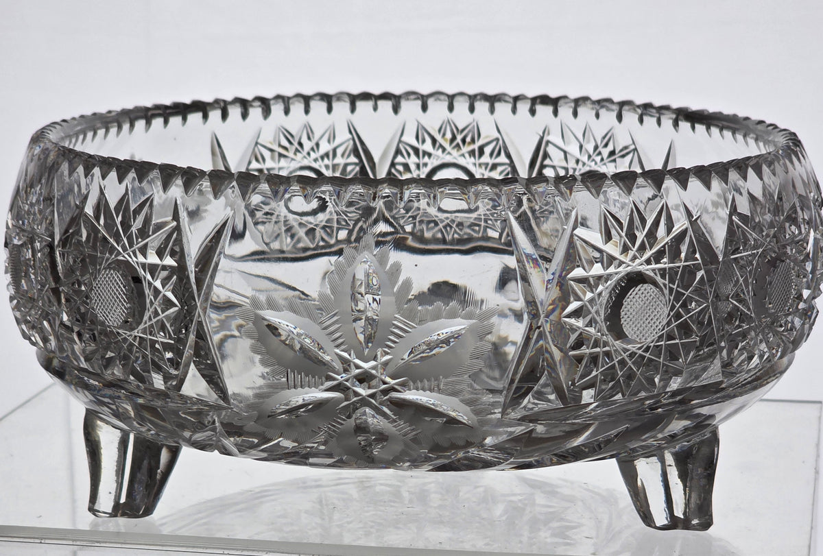 Cut glass 3 legged bowl Hand cut antique