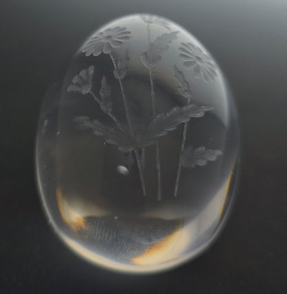 Glass egg paperweight with copper wheel engraved flowers