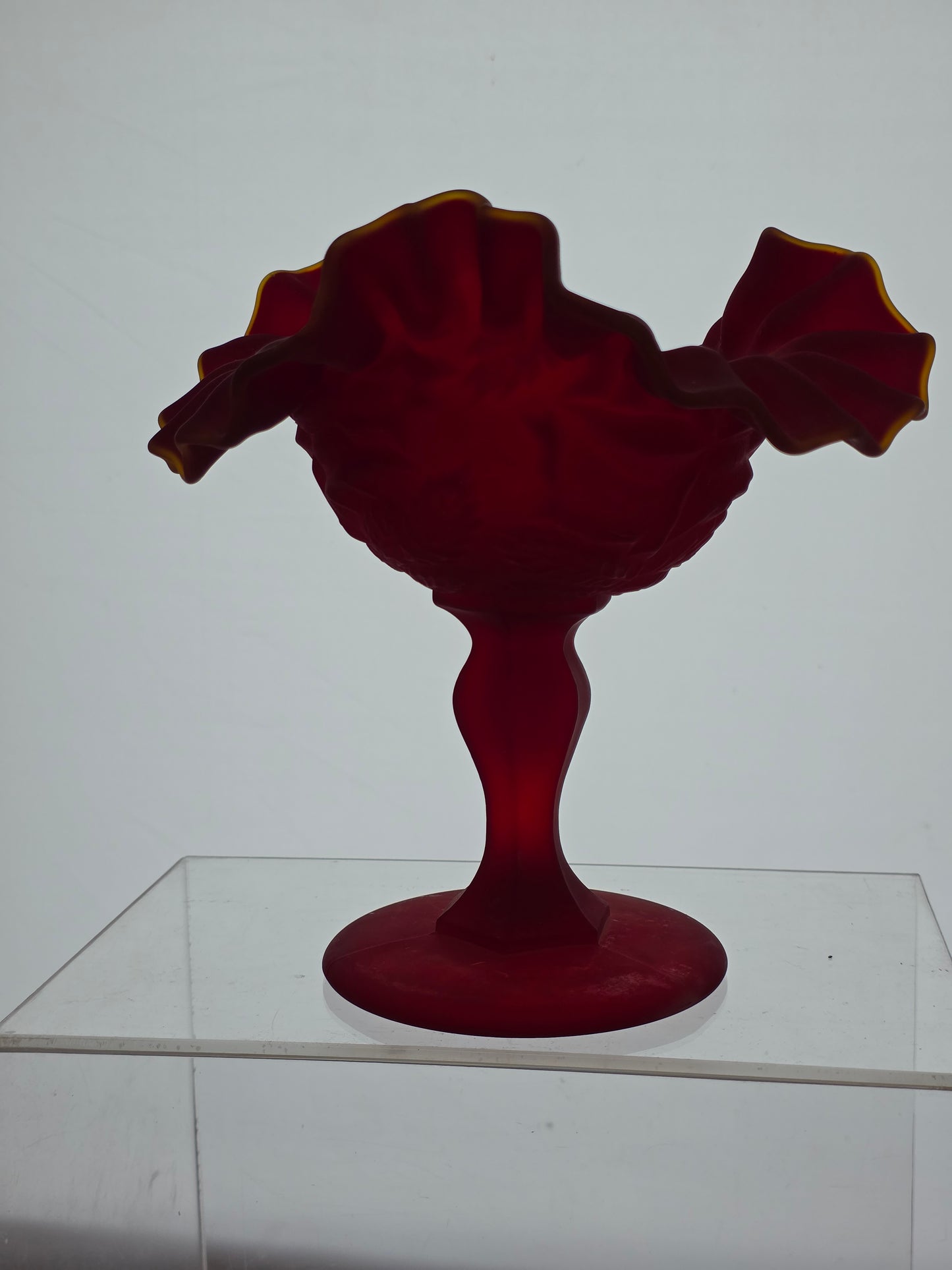 Red  frosted glass ruffled edge pedestal compote