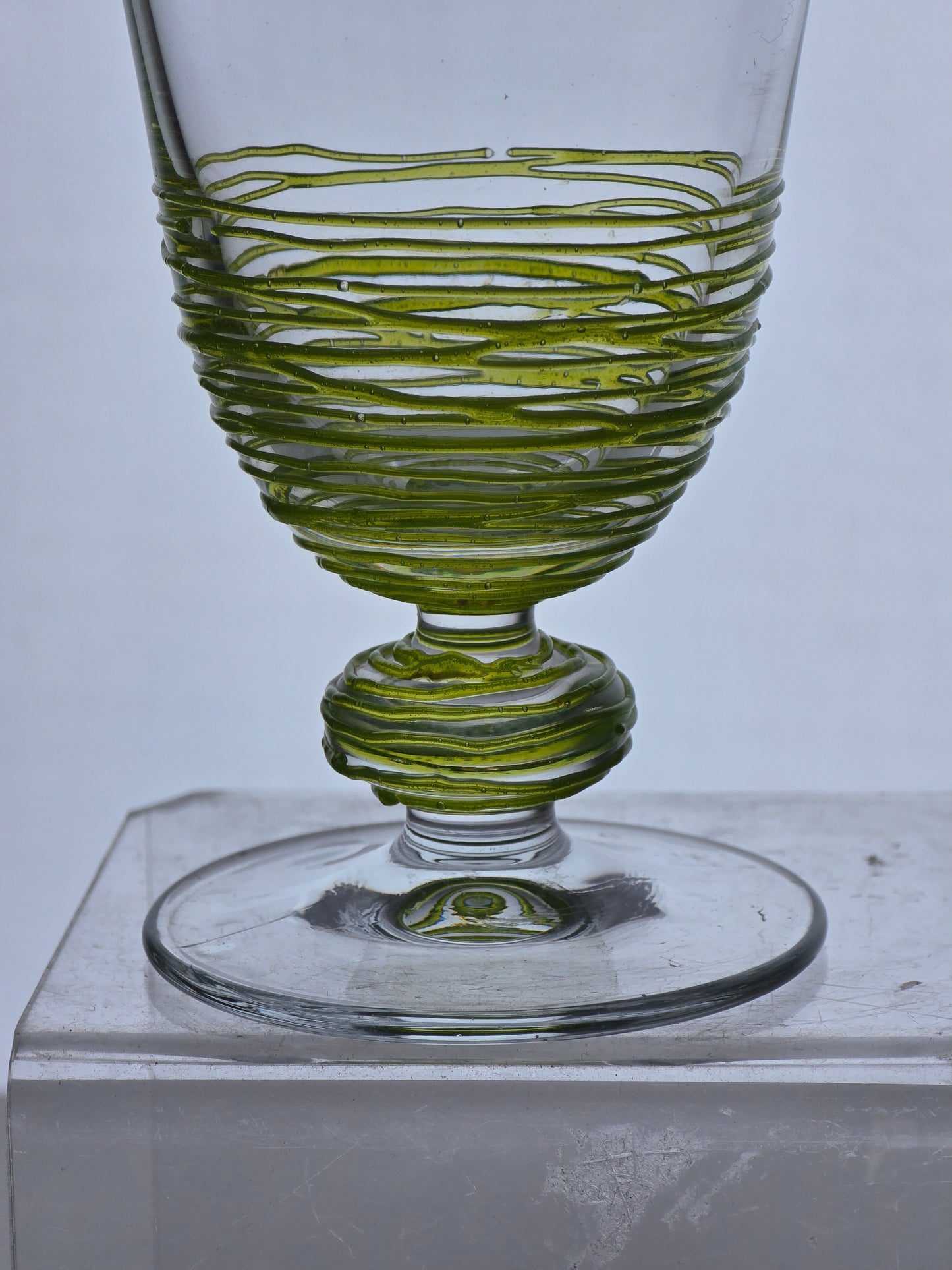Pair Art glass green tread wine glasses