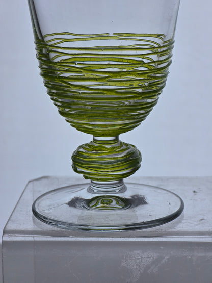 Pair Art glass green tread wine glasses