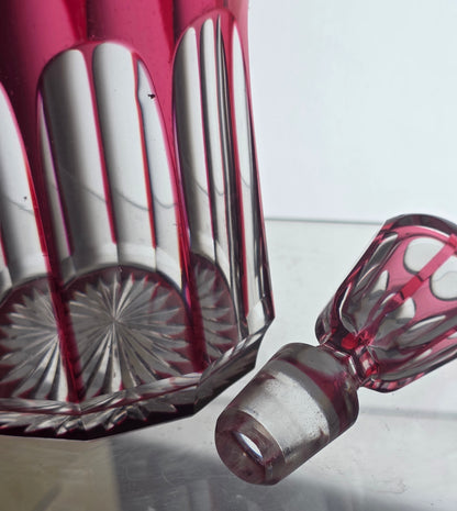 Hand Cut to clear cranberry decanter PA21