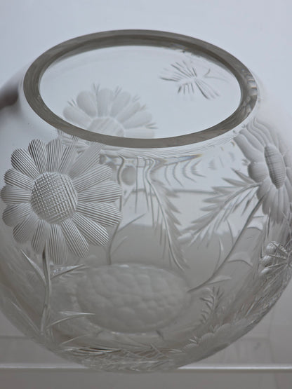 Hand cut glass rose bowl, Butterfly and floral