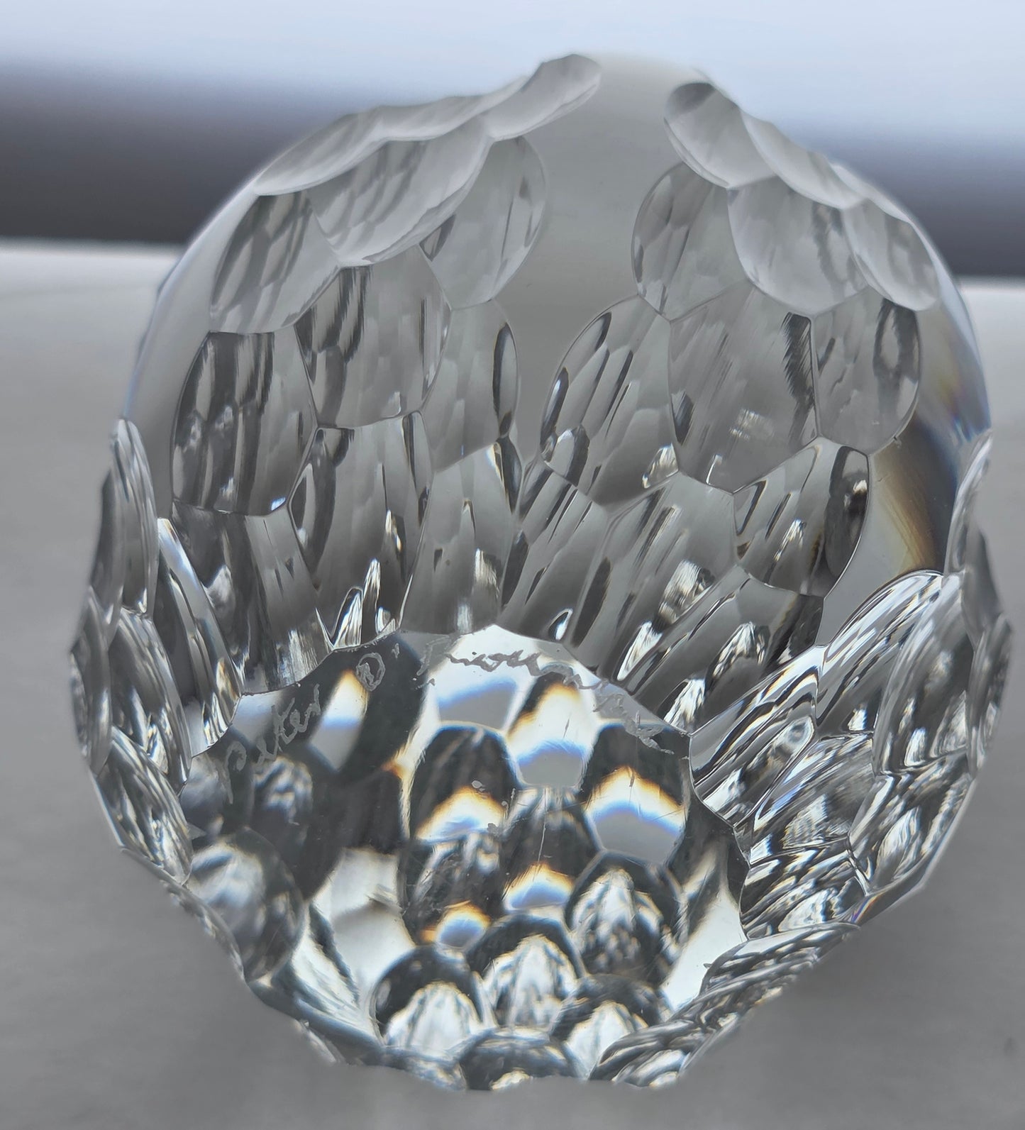 Hand cut glass honeycomb  paperweight, 32% lead crystal Signed