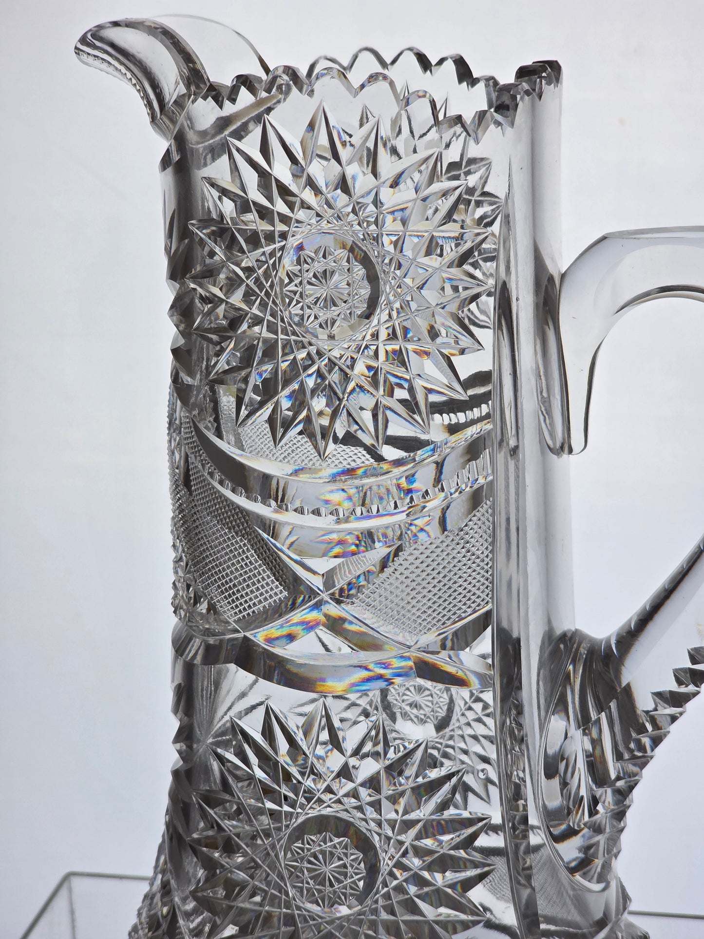 American Brilliant Period Cut Glass Pitcher Antique hobstar base