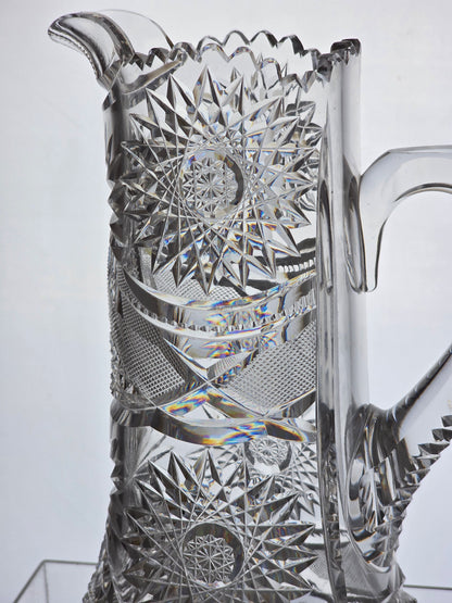 American Brilliant Period Cut Glass Pitcher Antique hobstar base